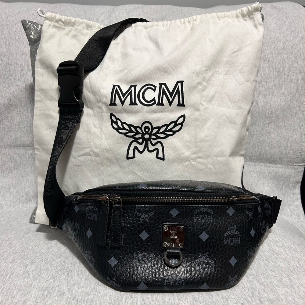 Authentic MCM Black Visetos Monogram Bumbag/Sling with Drawstring Dustbag